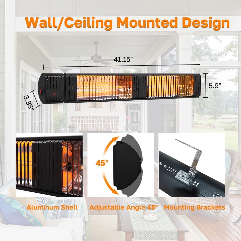 Infrared Electric Patio Heater, 3000W Carbon Fiber Heating for Outdoor/Indoor, Porch, Deck, Garage with Remote 24