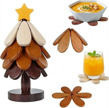 Wooden Tree Trivets for Hot Dishes, Christmas Tree Trivet with Stand, Natural Foldable Pot Holders for Hot - Set of 4