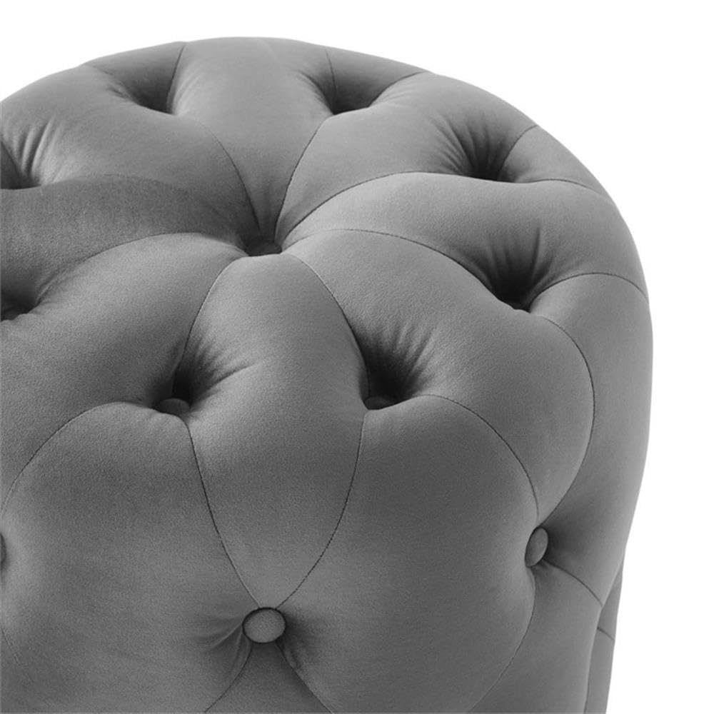 Anthem Tufted Button Round Performance Velvet Ottoman, Gray