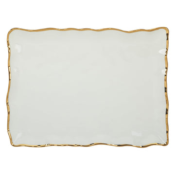 Regency Gold Porcelain Rectangular Platter with Scalloped Edges, Metallic Gold Rim, 16x11.75in, Elegant Serving Dish