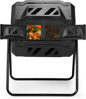 Outdoor Dual Chamber Compost Tumbler, 43 Gallon Black Rotating Batch Compost Bin with Sliding Doors for Garden