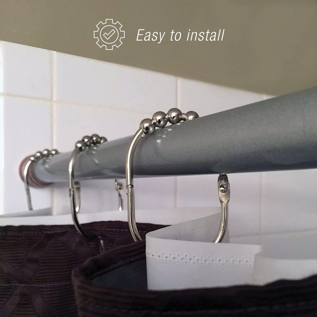Wide Shower Curtain Rings - Set of 12 Easy Glide Rollers with Polished Nickel Finish - Stainless Steel Shower Hooks