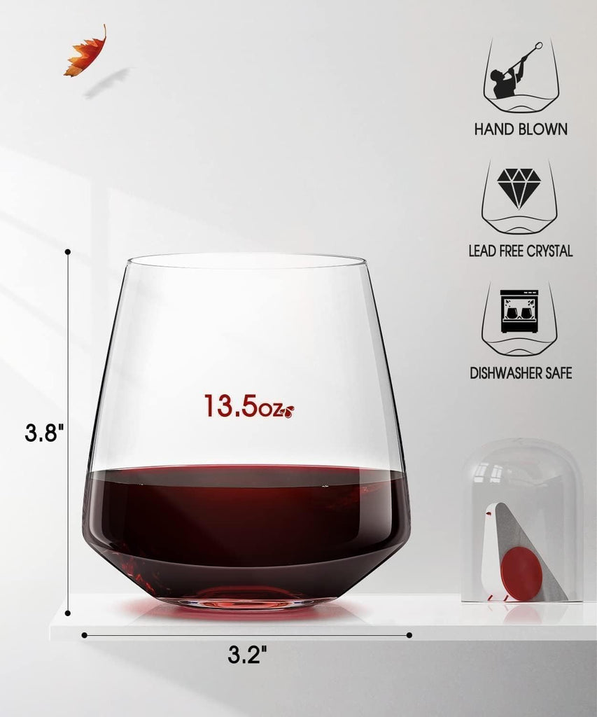 Stemless Wine Glasses Set of 4 13.5oz, Hand Blown Red White Wine Glasses Unique Gifts for Him Her for Birthday