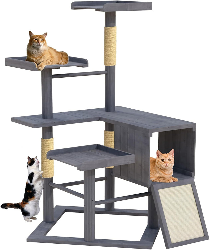 Outdoor Cat Tree for Large Cats, Weatherproof Solid Wood, 48"x43"x67"