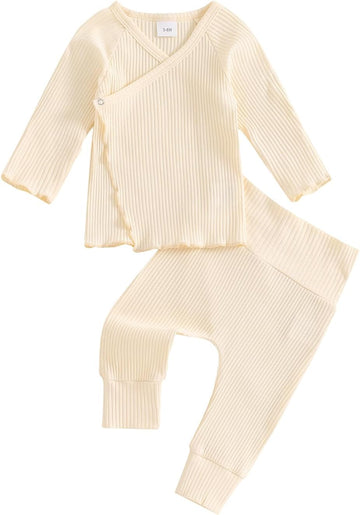 Baby Girl 2Pcs Fall Outfits Long Sleeve Wrap Front Ribbed Tops + Pants Set Toddler Clothes