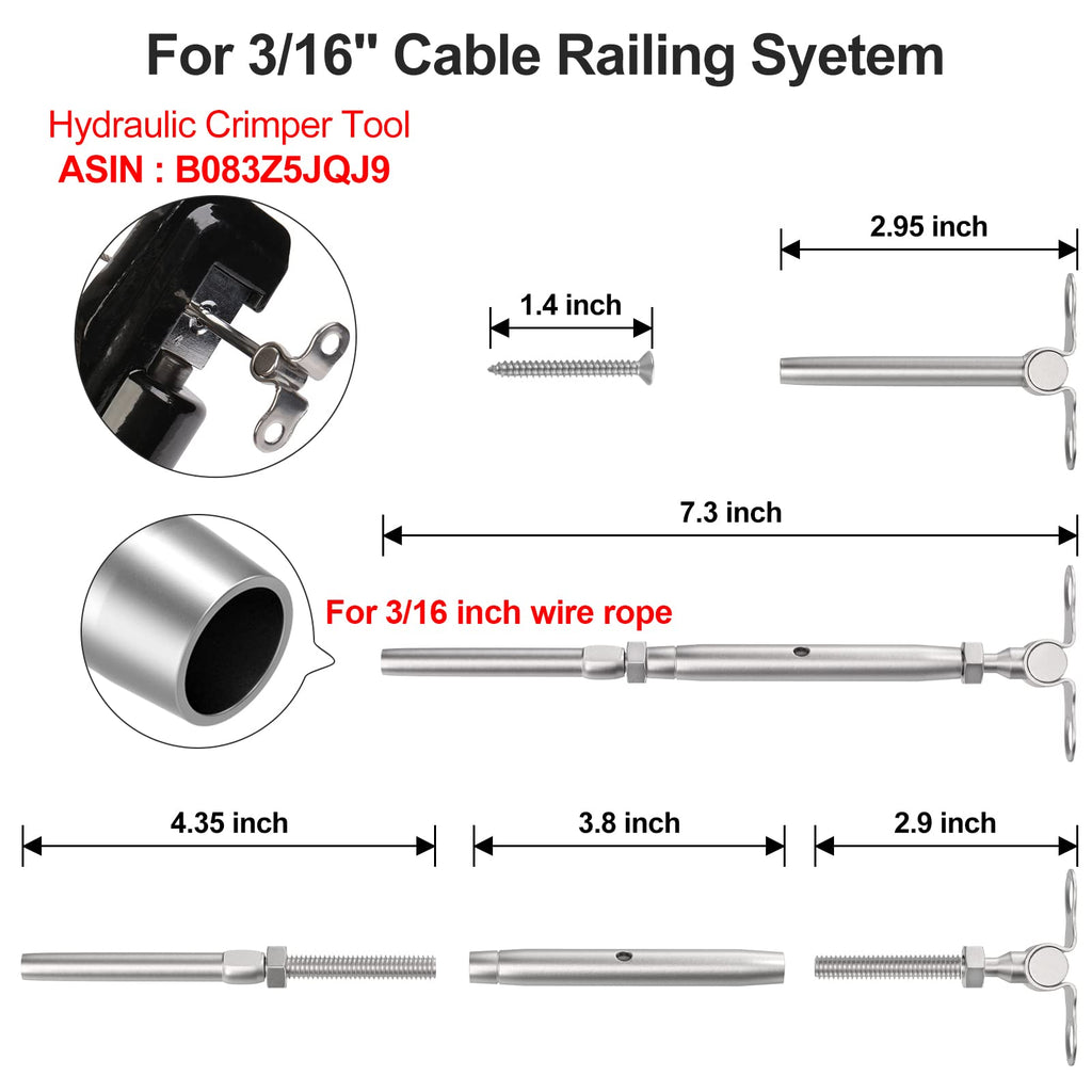 10 Pairs 3/16" Cable Railing Kits, T316 Stainless Steel, Adjustable Angle Cable Railing Hardware 3/16" for 2"x2"