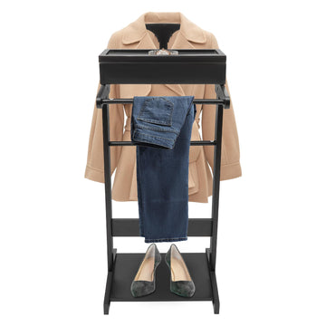 Wood Men Valet Stand Multifunction Clothes Valet Floorstanding Suit Stand Rack with Drawer & Shoe Rack Use (Black)