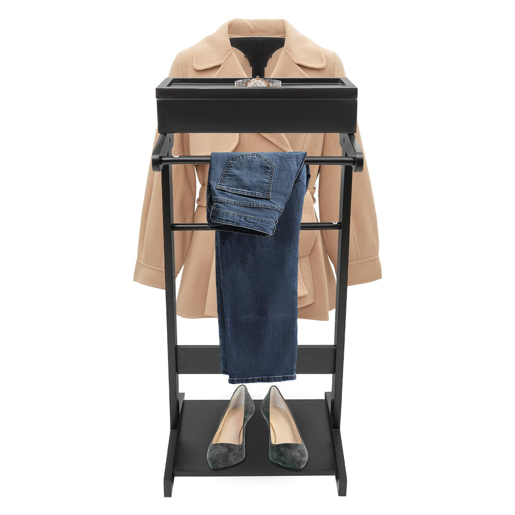 Wooden Suit Valet Stand, Freestanding with Drawer & Storage Tray, Black