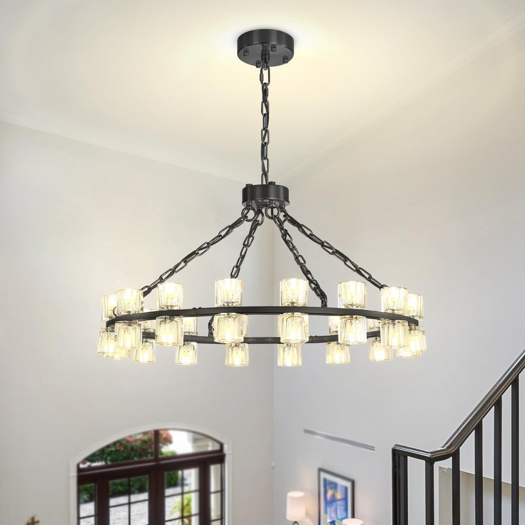 Inspired Arcachon Style Round Wagon Wheel Chandelier, 32" 32-Light Black, Extended 32" Chain — Foyer, Dining & Living Room