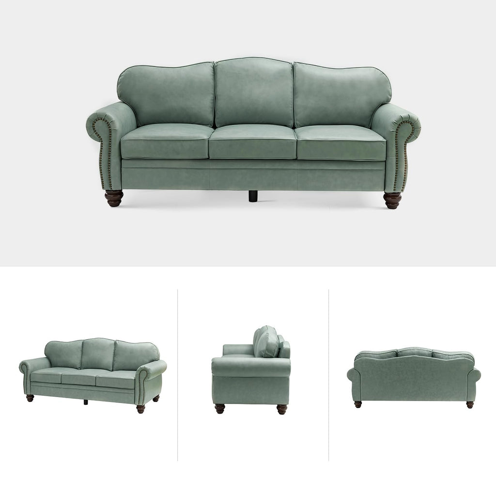 81" Genuine Leather Sofa, Classic 3-Seater Couchs with Wood Legs, Stylish & Comfortable Sofa, Easy Assembly and