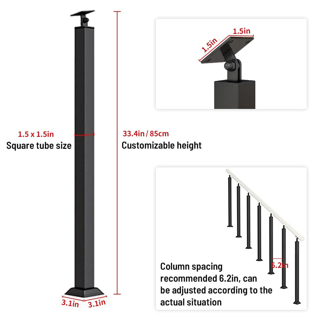34/36/38/40/42in Stair Railing Posts, Indoor Outdoor 270°Adjustable Metal Baluster Post, Staircase Balusters with