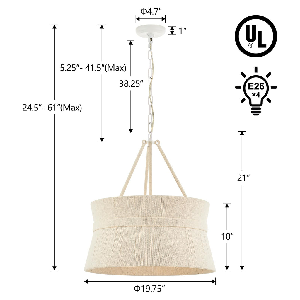 20" Hand Woven Rattan Chandelier Coastal Boho Pendant Light Island Dining Living Room, UL Listed