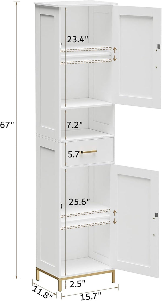 67" H Bathroom Storage Cabinet, Tall Bathroom Cabinet, White | Narrow Cabinet with Doors and Drawer, Adjustable