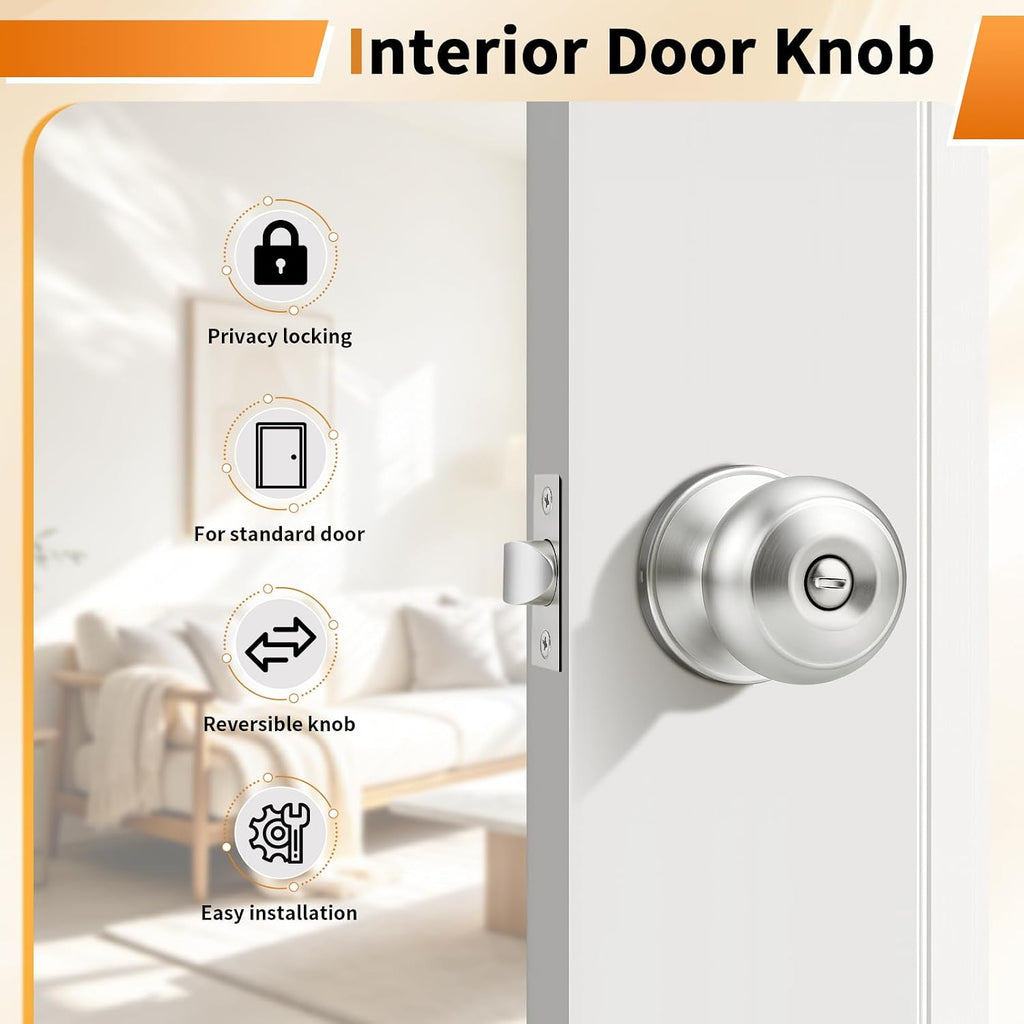 Brushed Nickel Interior Door Knobs, Privacy Door Knob Bedroom, Stainless Steel Door Knob for Interior Door, 10 Pack