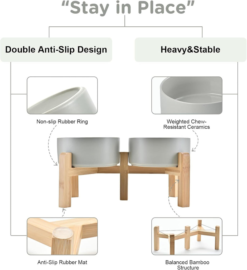Elevated Dog Bowls Ceramic, 6.1'' Dogs and Cat Food Water Bowls Raised with Non-Slip Bamboo Stand for Medium Sized