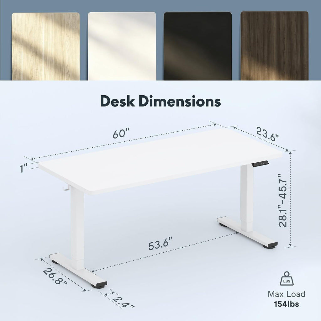 60"x24" Electric Standing Desk, White | One-Piece Desktop, 1" Thick Top, Height Adjustable, Stable Steel Frame, Home