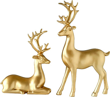 Large Reindeer Sculpture, Gold Resin Christmas Elk Set of 2