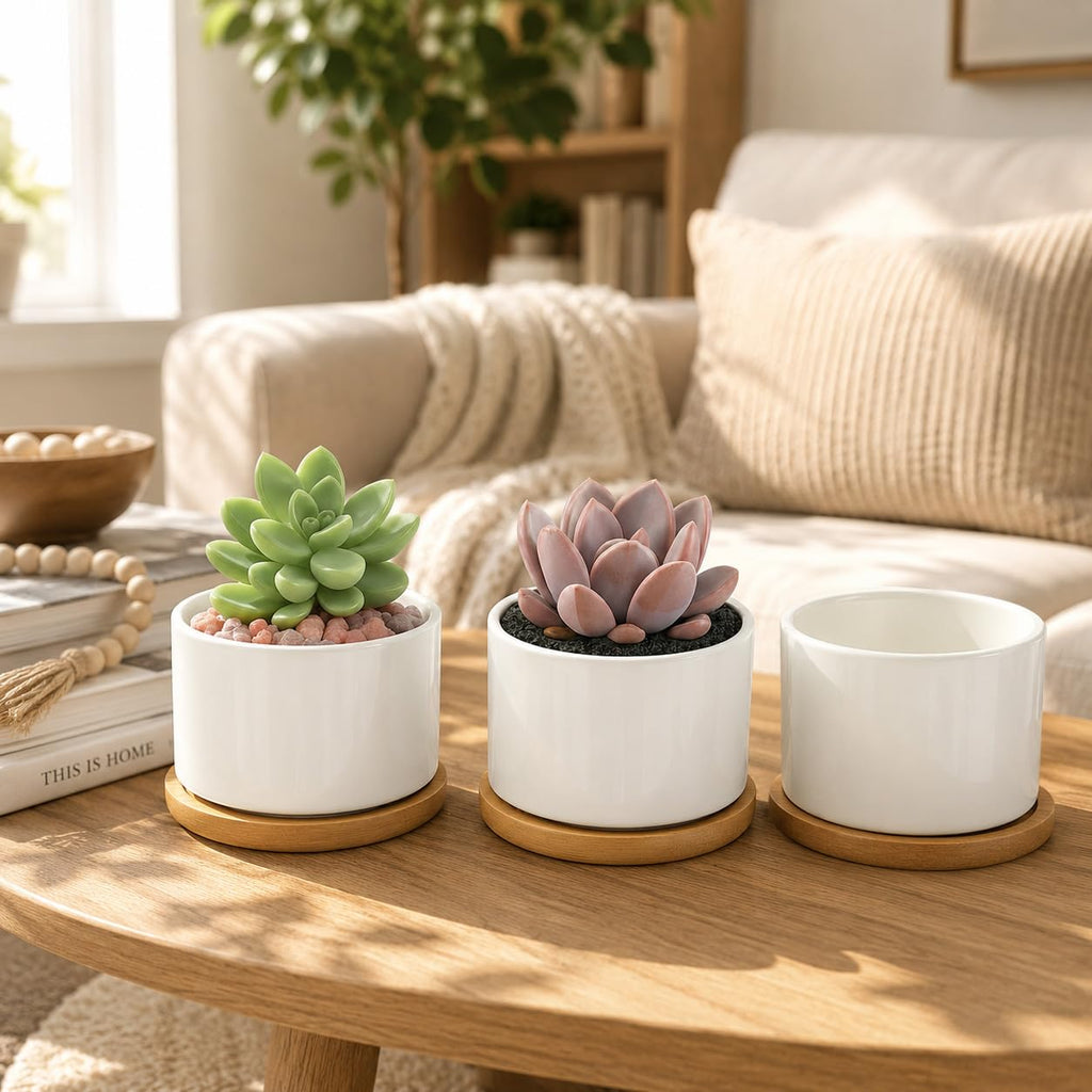 12 Pack 3.6" Ceramic Succulent Pots, White Planter with Drainage Tray