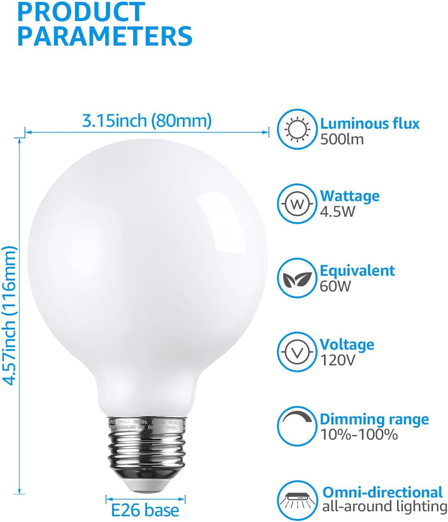 6-Pack G25 Globe Light Bulbs LED Dimmable 2700K Soft White | Round Frosted Vanity Light Bulb for Bathroom, LED Edison
