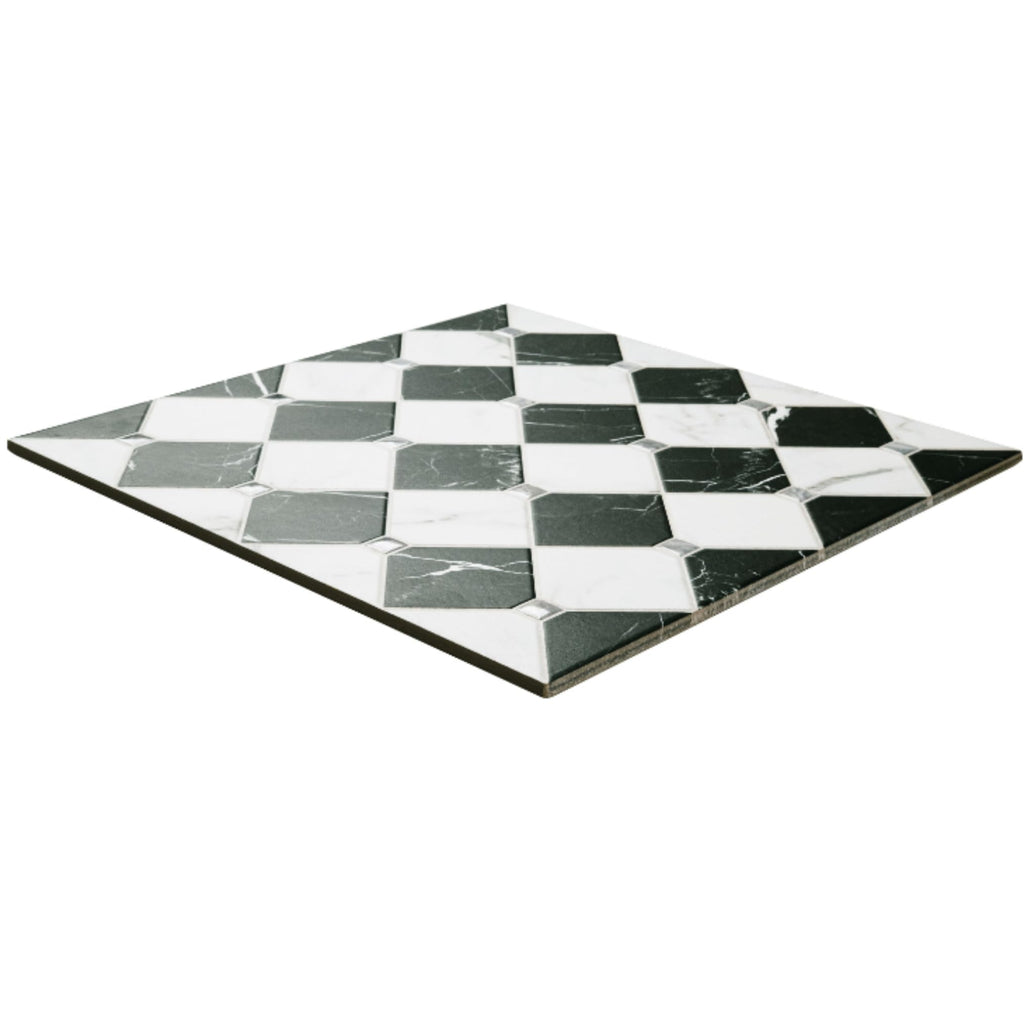 17" x 17" Black & White Matte Marble Look Checkerboard Porcelain Tile, Floor & Wall Tile, Fireplace & Commercial