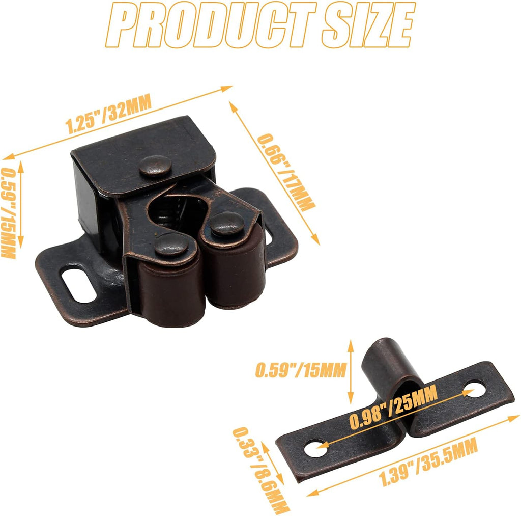 4 Pack Double Roller Catch with Spear, Heavy Duty Cabinet Closet Doors Roller Catch Latch Doors (Bronze Tone)