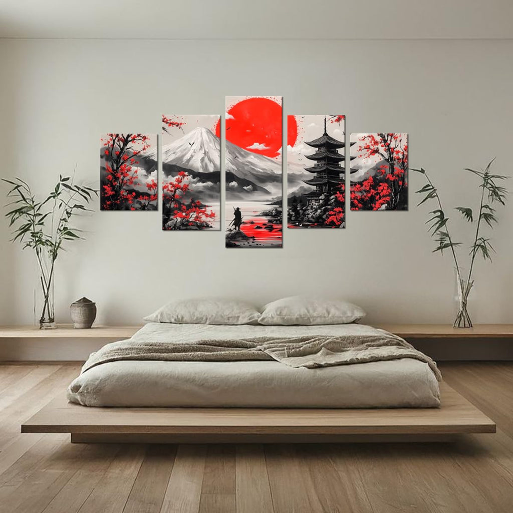 Japanese Samurai Wall Art Red Sun Cherry Blossom Mount Fuji Theme Pictures Wall Decor Prints Paintings Bedroom Office