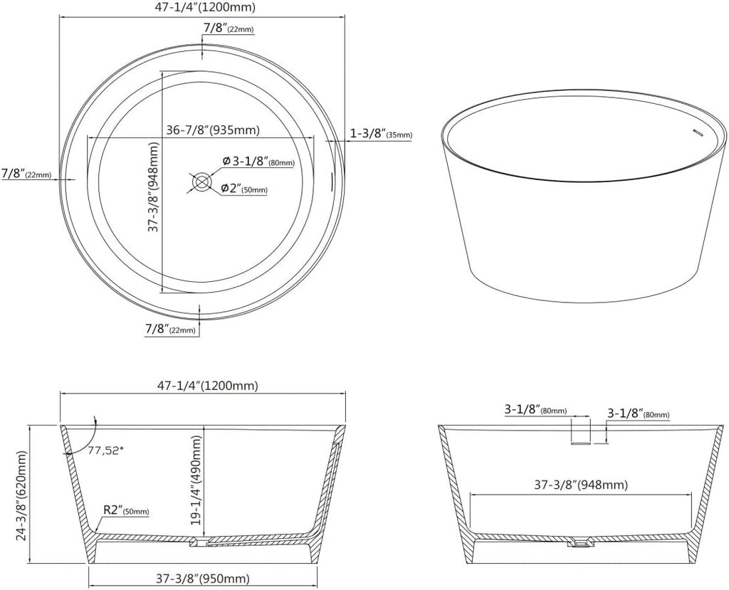 Dowell 078 48" Round Luxury Stone Resin Solid Surface Freestanding Bathtub White Modern-Roud 48"