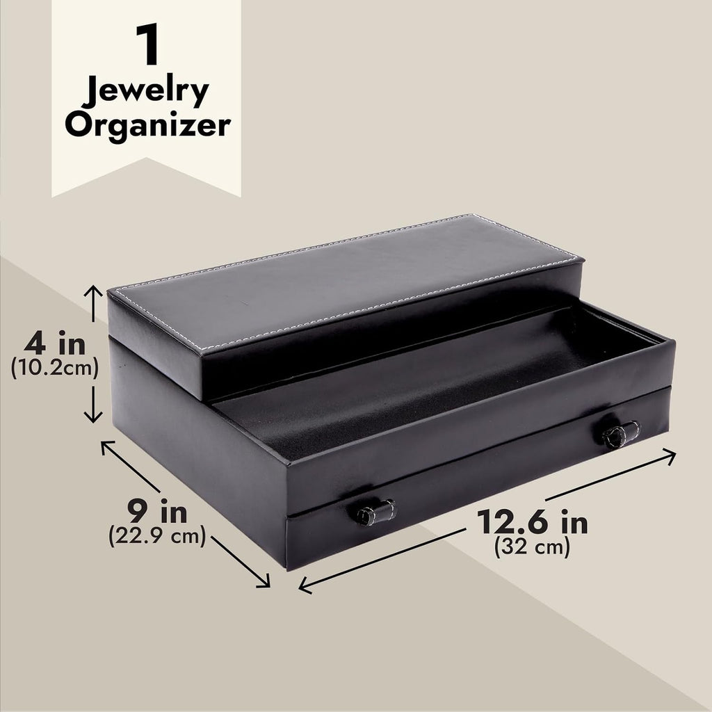 Jewelry Box Organizer and Holder - Black Watch Box with Leather Valet Tray Improvement - 12.6 x 9 x 4 In - Mens
