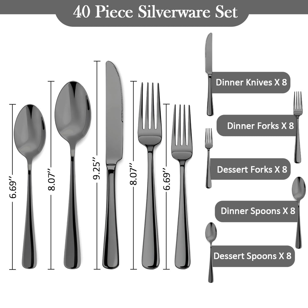 40 Piece Stainless Steel Flatware Set, Cutlery Utensil Silverware Set, Party, Buffet, Banquet, Catering(Black)