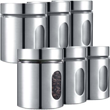 6 Pack 20 oz Stainless Steel Kitchen Canisters with Window, Silver