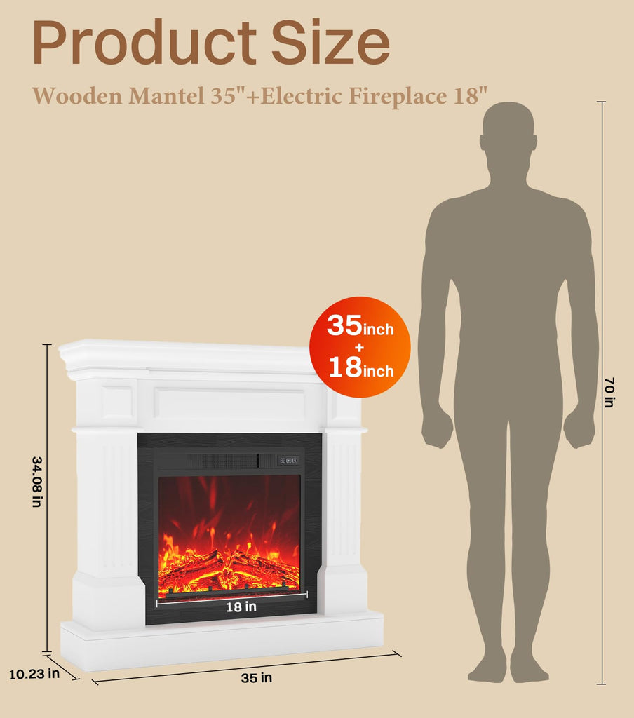 35" White Electric Fireplace with Mantel, TV Stand, with 18" Fireplace Heater