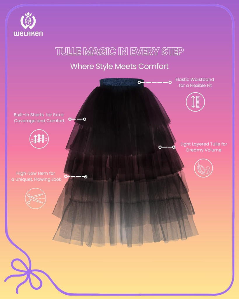 Girls Layered Tulle Skirts Flowy Mesh Elastic Waist Midi Tutu Skirt