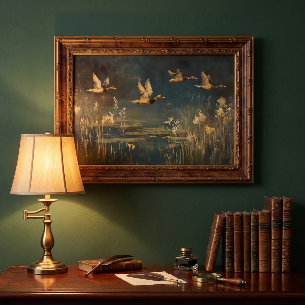 Mallard Duck Wall Art, Teal Brown Vintage Rustic Cabin Lake Print