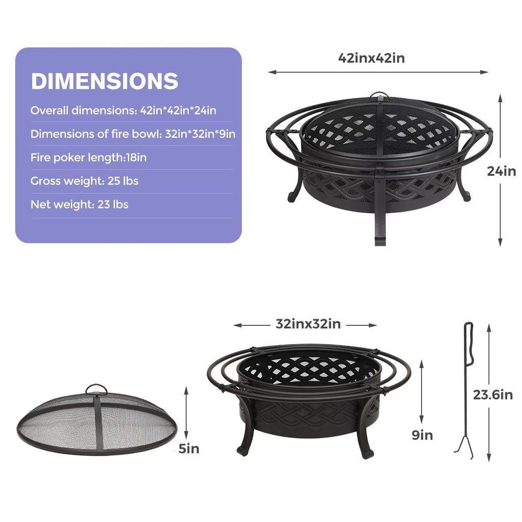 Outdoor Fire Pit with Spark Screen Wood Burning 42 Inch