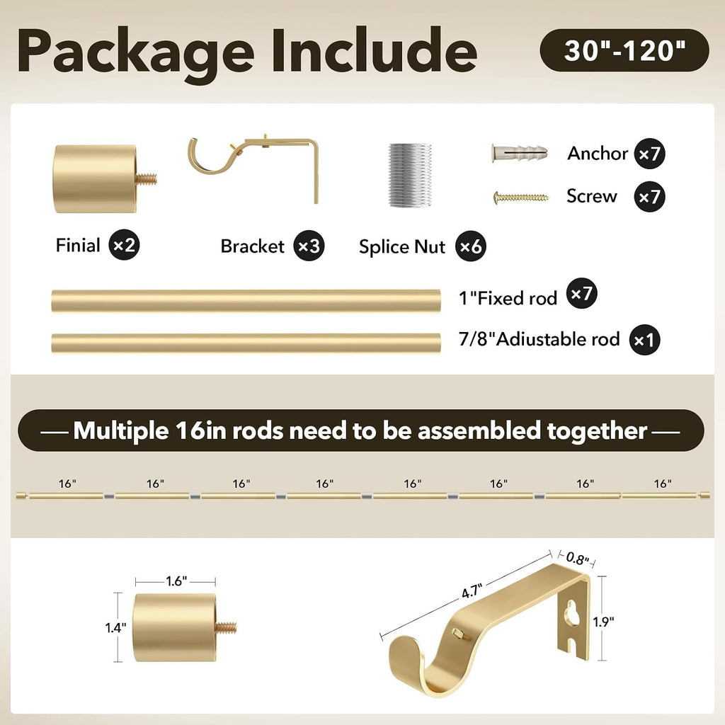 Heavy Duty Curtain Rods for Windows, 1 Inch Gold Curtain Rod Adjustable, Decorative Long Curtains Rods