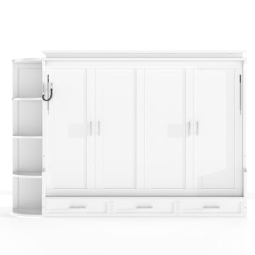 Queen Size Horizontal Cabinet Murphy Bed with Shelf & Side Cabinets & Drawers, Foldable Hideaway Wall Bed Frame with