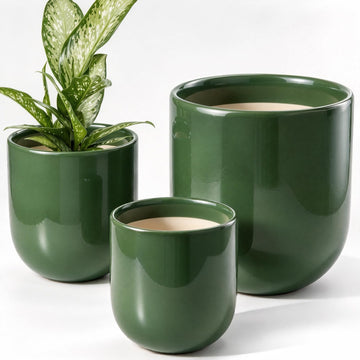 6, 8 & 10 Inch Ceramic Planter Set for Indoor Plants, Bamboo Green
