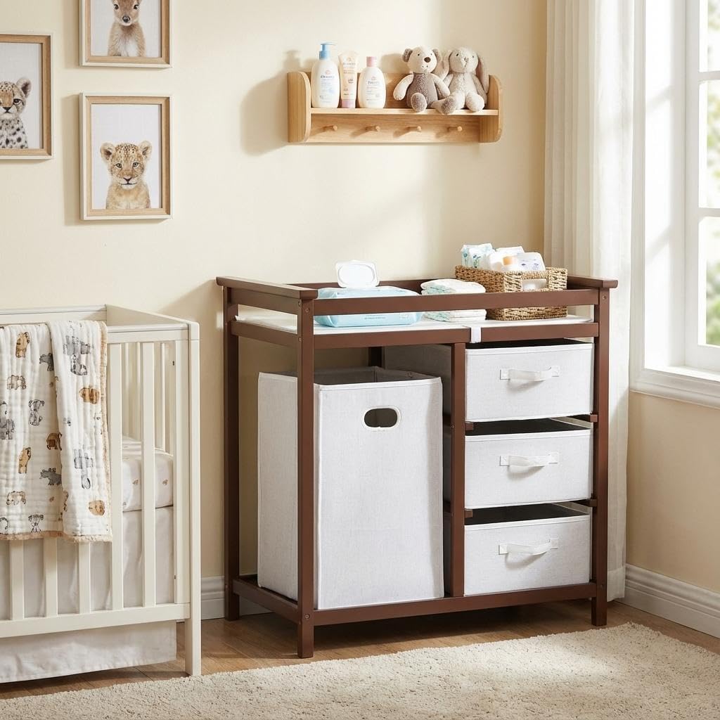 Modern Baby Changing Table with Laundry Hamper & 3 Drawers | Solid Wood Nursery Dresser Supports 40 Lbs, with Safety