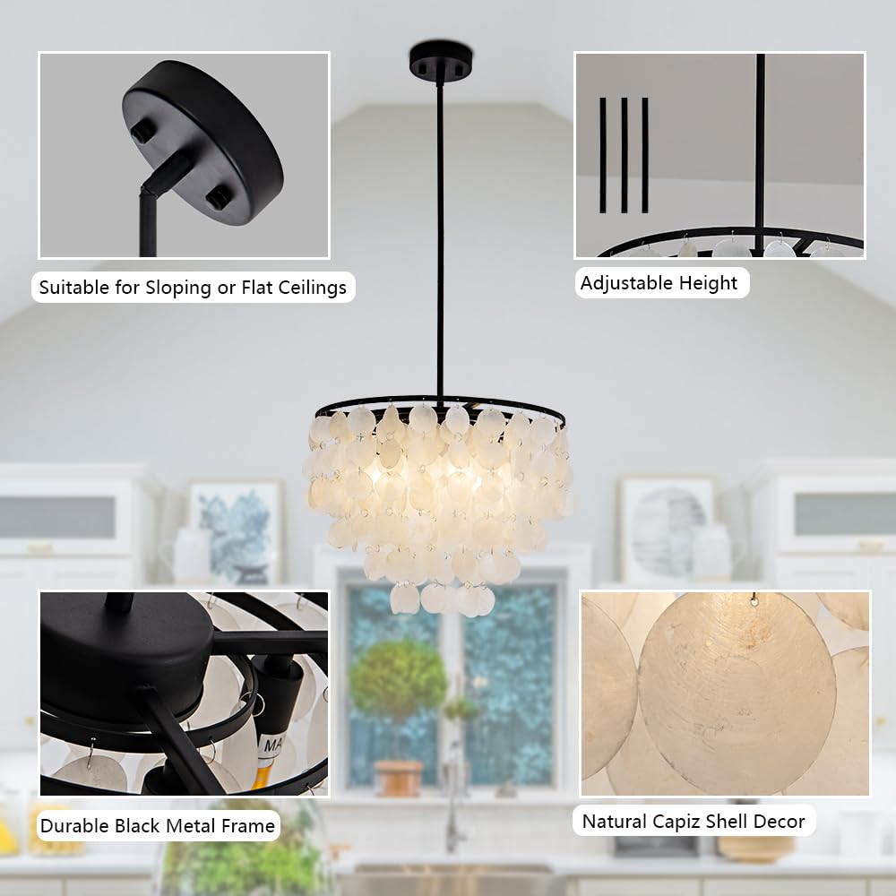 4-Lights Capiz Shell Chandelier - 17.7" Coastal Chandelier For Dinning Room, Beach House Modern Black Light Fixture