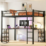 Full Loft Bed with Desk & Open Shelves, Heavy Duty Metal Bed Frame with Safety Guardrails & Ladder