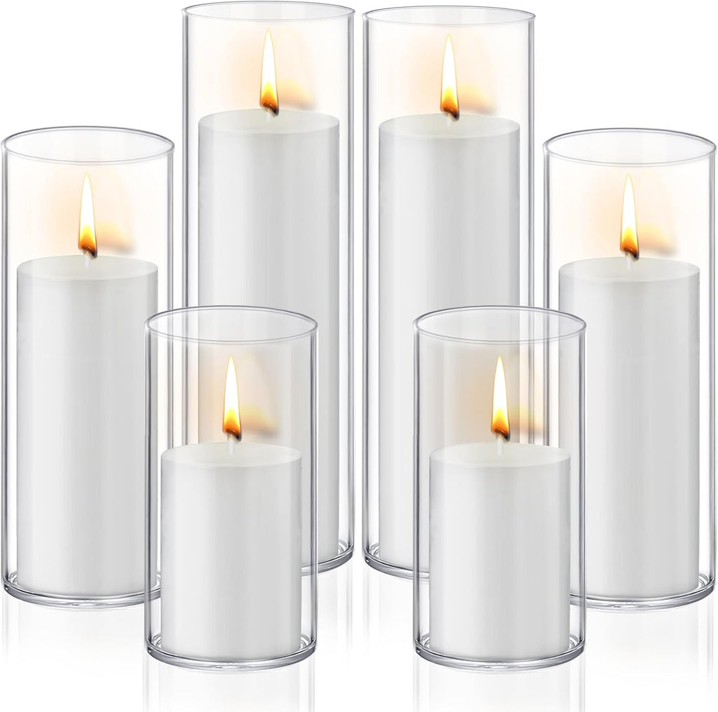 12 PCS White Pillar Candles with Glass Candle Holders Clear Hurricane Candle Holders Glass Cylinder Vases for