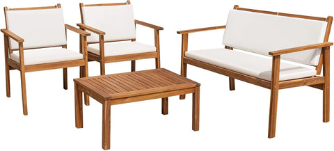Patio Furniture 4 Piece Outdoor Acacia Wood Patio Conversation Sofa Set with Table & Cushions Porch Furniture for Deck