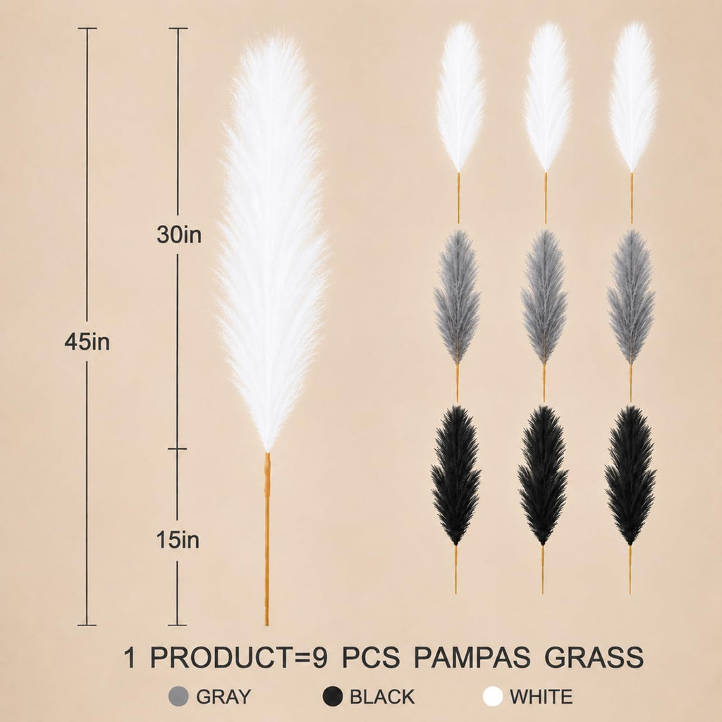 9 PCS 45" Artificial Pampas Grass Black & Dark Gray & White