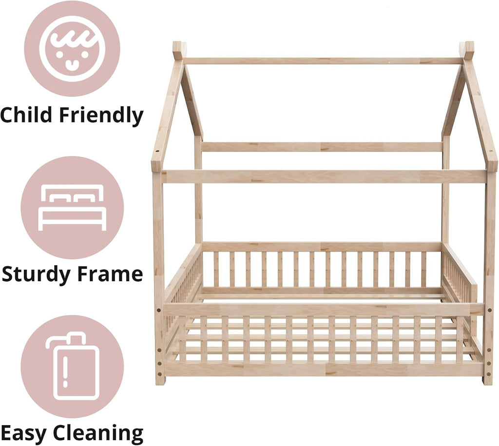Full Size House Bed with Fence, Wooden Montessori Bed with Slats Support, Floor Bed Frame for Boys Girls Bedroom