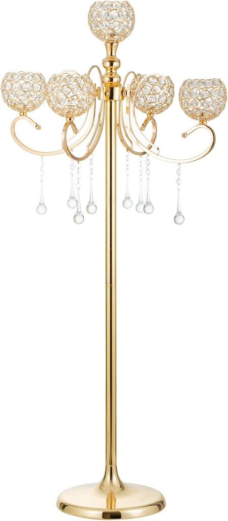 Gold Floor Candelabra for centerpieces, 45.3in Tall 5-Branch Candle Holder with Crystal Beaded Chandelier Holder Standon