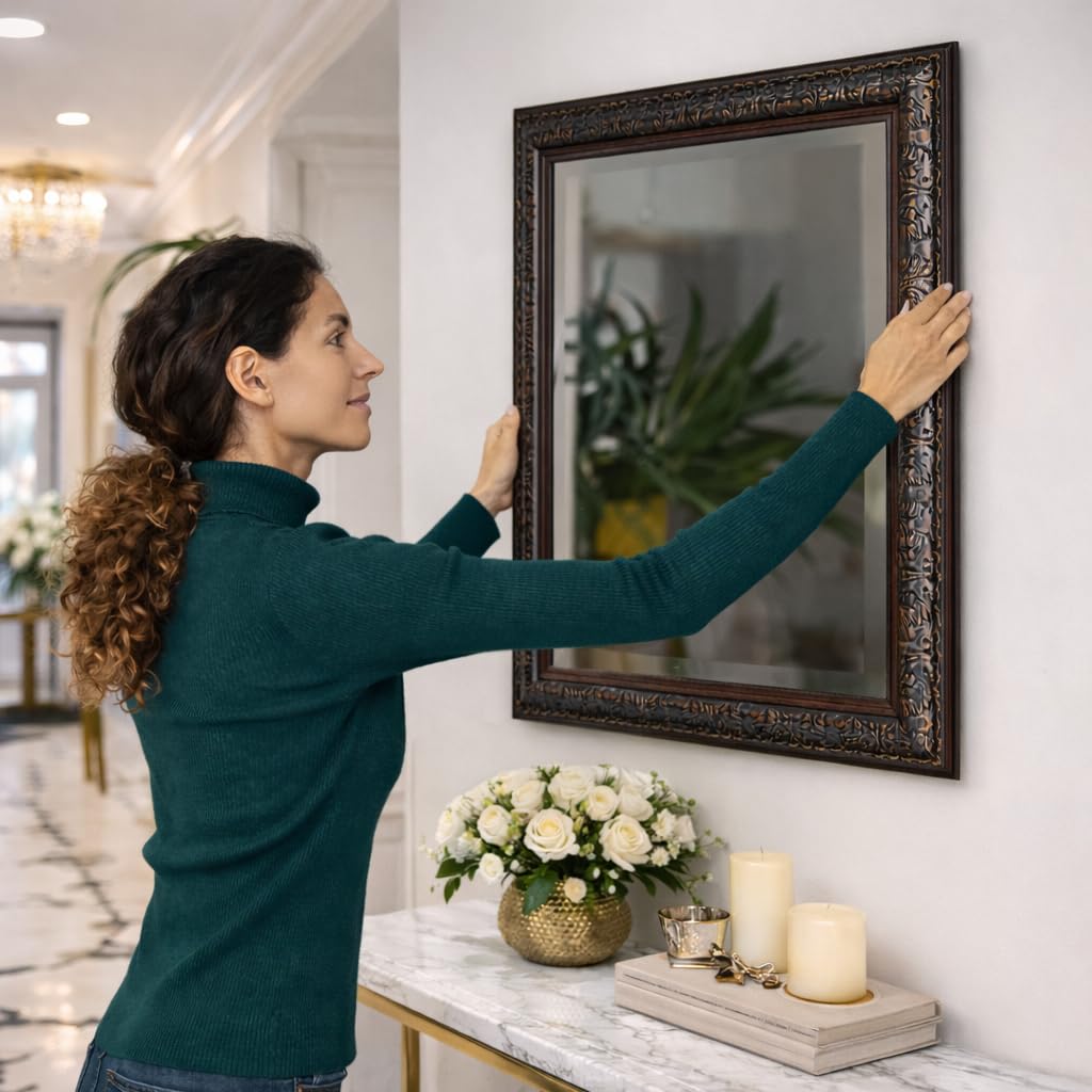 Bronze Ornate Embossed Framed Rectangle Mirror 28" x 34", Wall Mounted Beveled Accent Decorative Bathroom Mirrors for