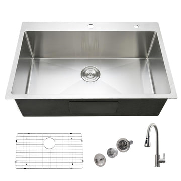 33x22 Drop In with Faucet Stainless Steel Top Mount 18 Gauge Handmade Single Bowl Deep Sink with Accessories