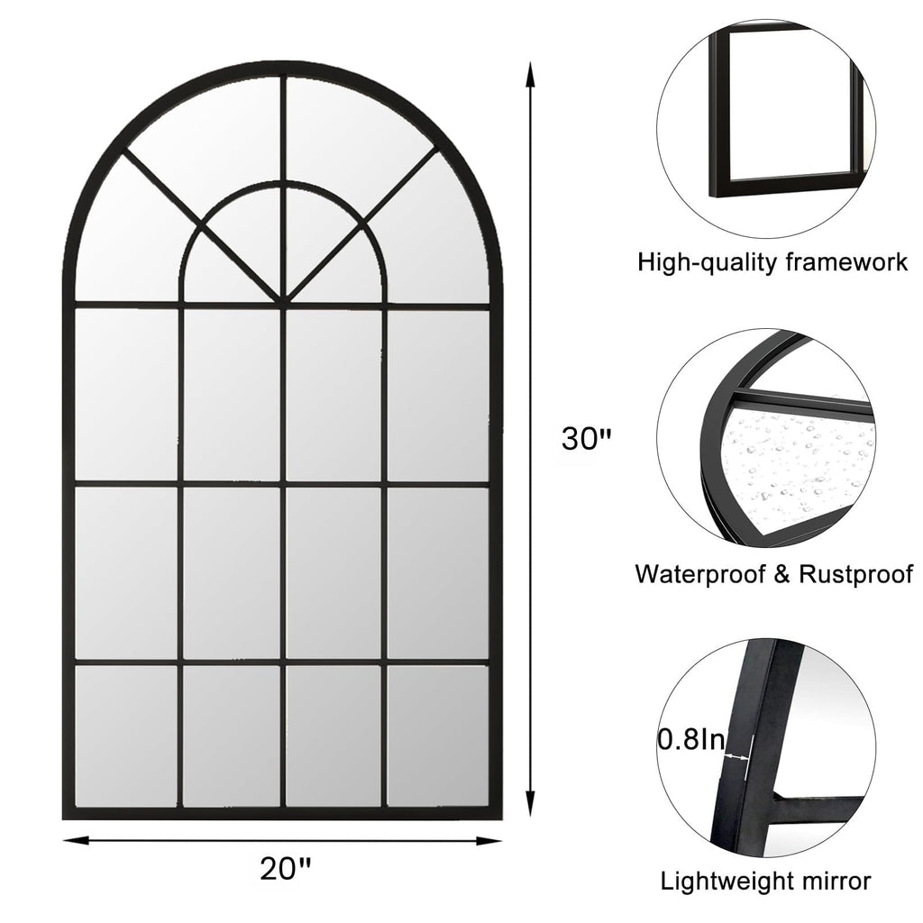 Arched Wall Mirror, 30"x20" Metal Frame Windowpane Mirror, Black