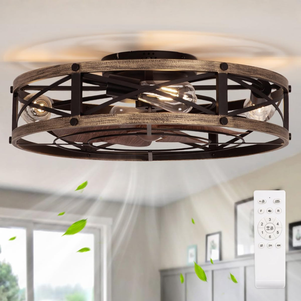 22" Farmhouse Ceiling Fan with Light, Rustic Caged Bladeless Low Profile Ceiling Fans with Lights and Remote