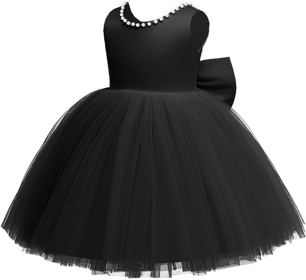 Toddler Baby Girls Pearl Backless Big Bowknot Tutu Gown Party Wedding Ball Gown Princess Dress with Headwear